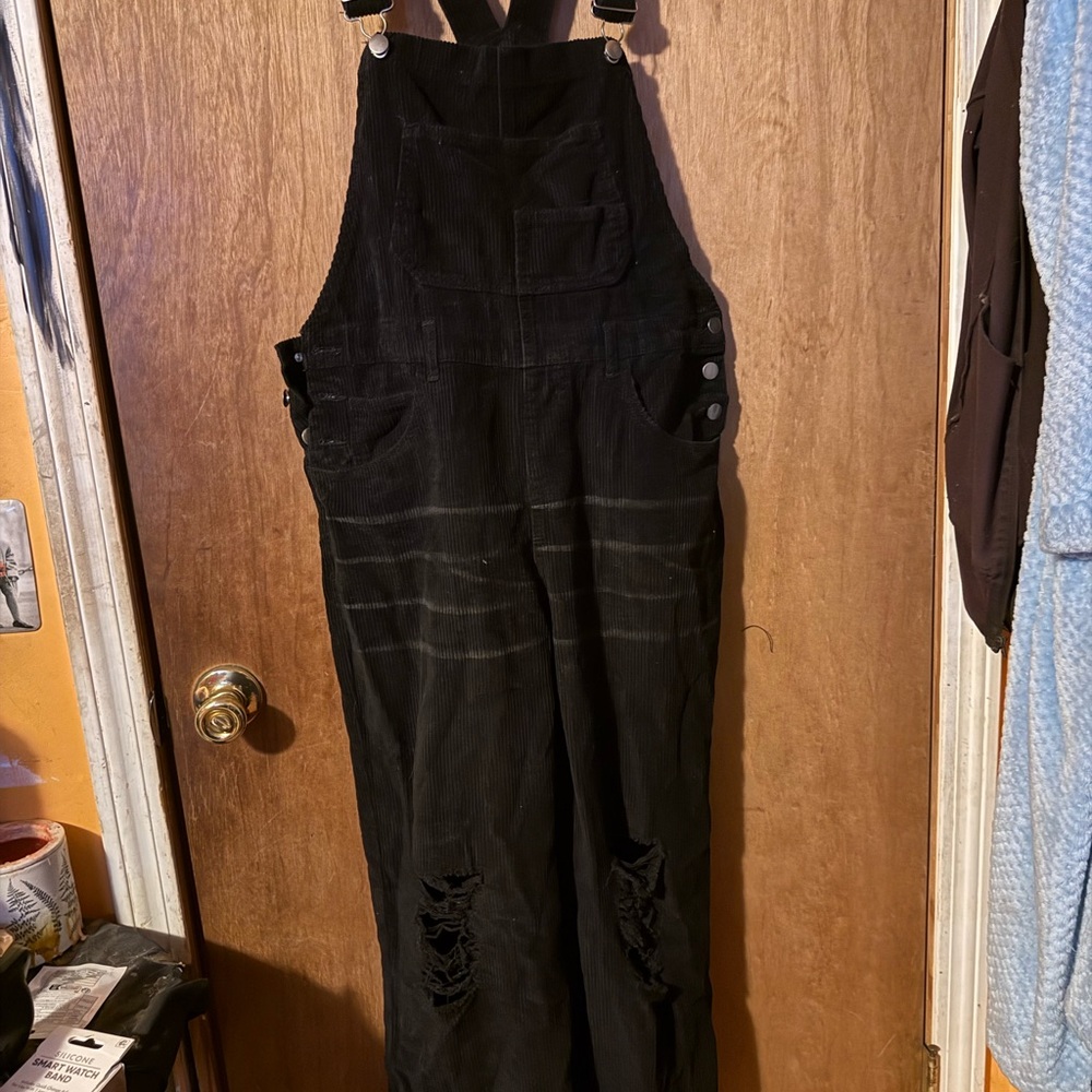 Source Unknown Black Distressed Corduroy Overalls